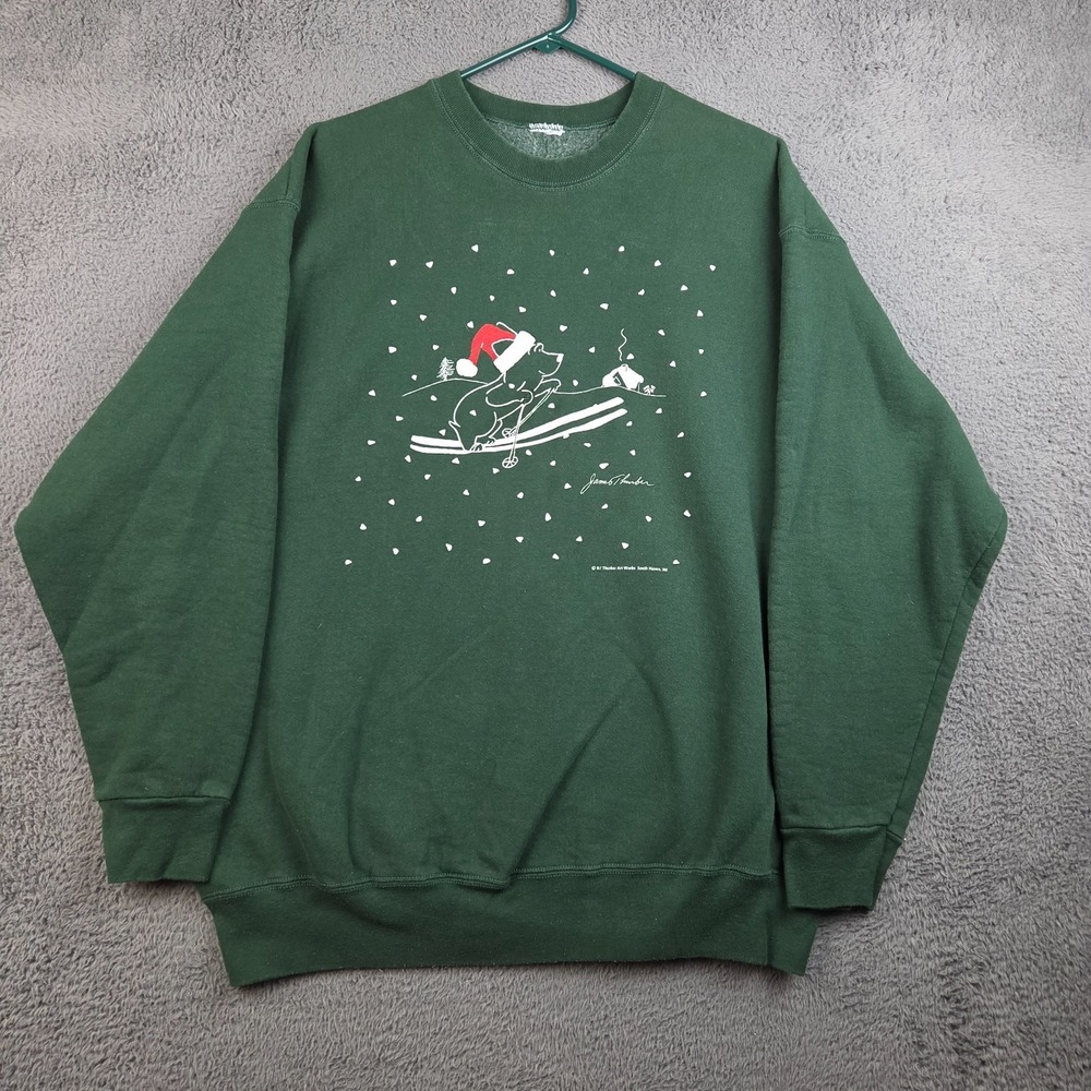Vintage Christmas Sweatshirt Women's Extra Large Green Dog Winter Holiday